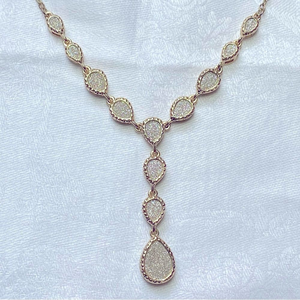 New York & Co Gold Tone Faux Shimmer Druzy Graduated Tear Drop Y Drop Necklace